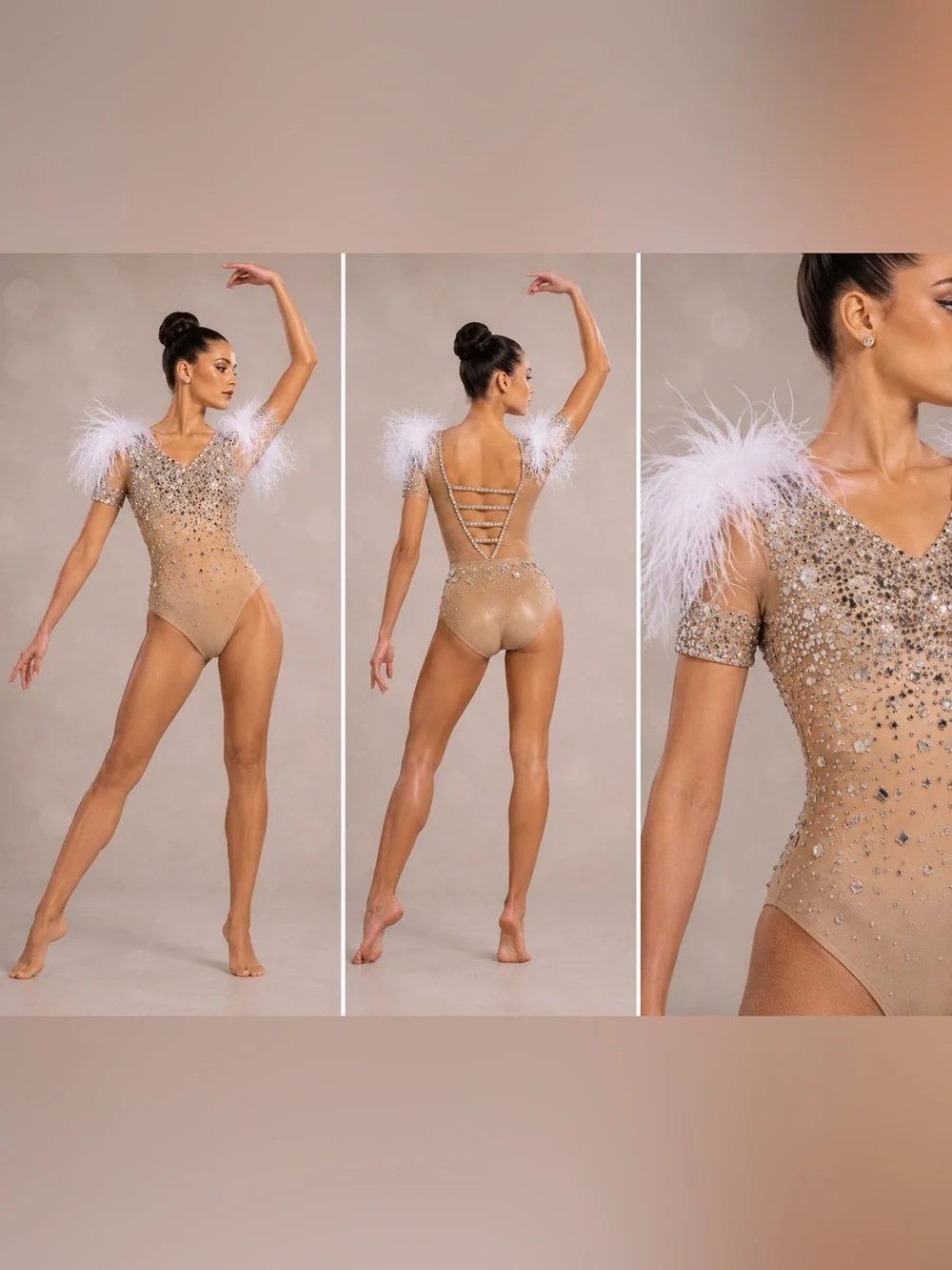 Glamour solo Crystal rhinestone feather dance costume nude tan SA-Small adult